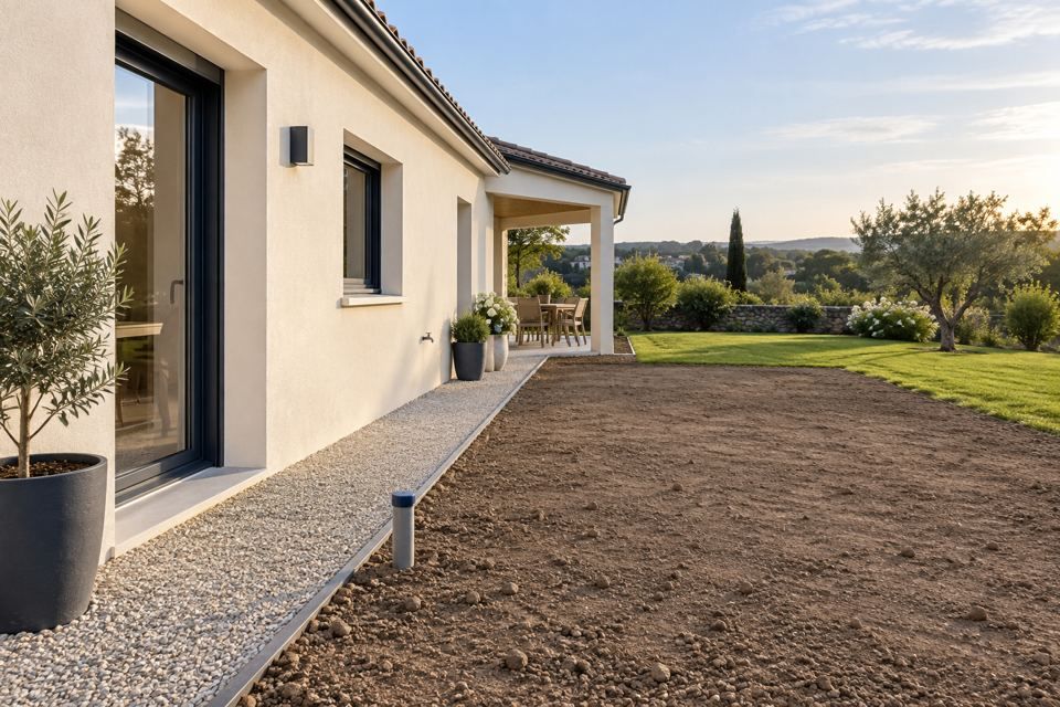 Exemple de photo avant : terre nue le long d'une maison
